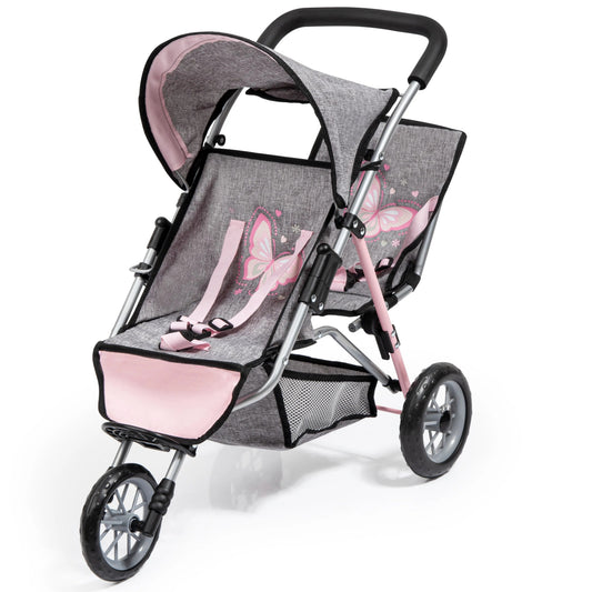 Duo - Twin 3 Wheel Doll Pram - Butterfly Pattern