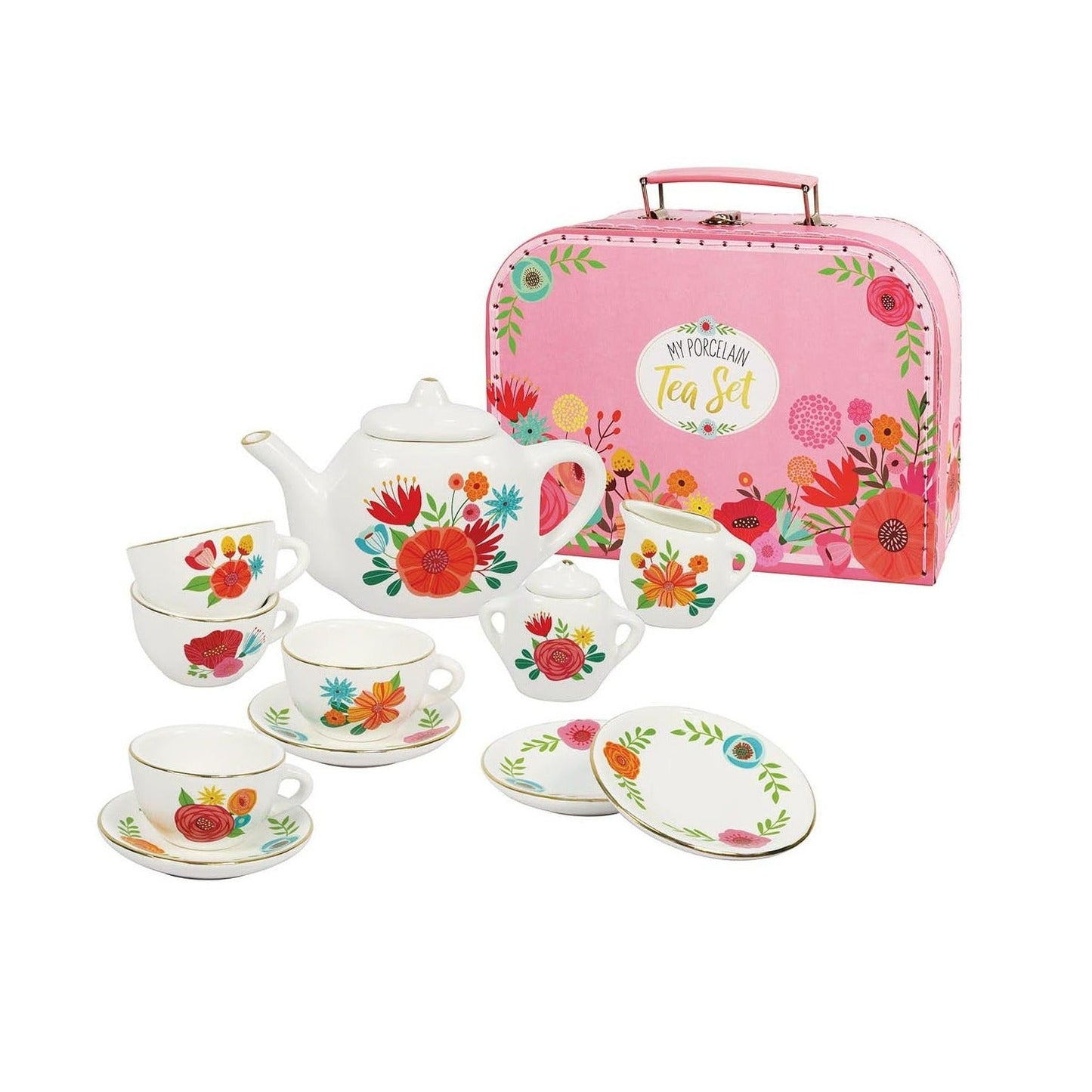 Porcelain Tea Set - Flowers - Bright Stripes